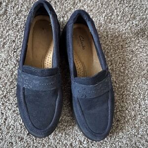 Clarks Women Dark Blue Suede chunky comfortable Loafers shoes 7.5